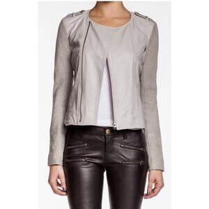REBECCA MINKOFF Kahel Lambskin and Suede Leather Moto Jacket Light Gray Medium